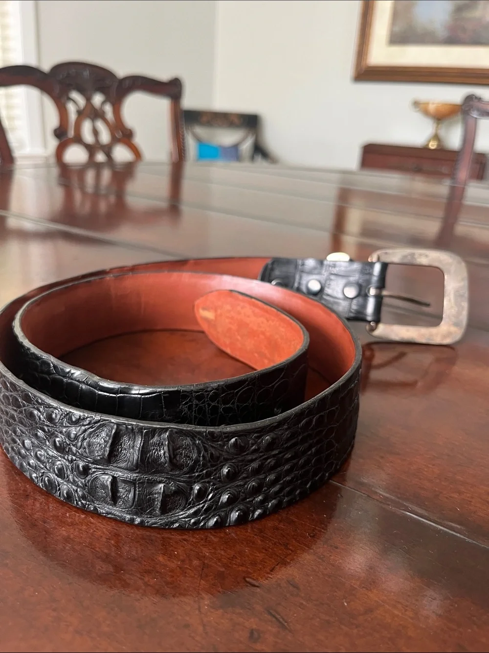 W. Kleinberg Black Croc-Embossed Leather Belt with Brown Interior